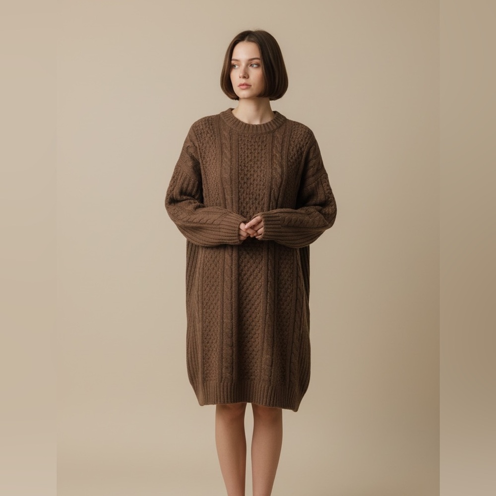 Cozy Cable Knit Brown Sweater Dress